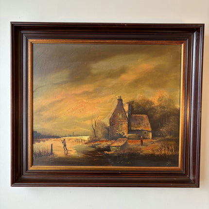 A Landscape Oil Painting "Skating Figure" Intriguing Large Art - HollandArtShop