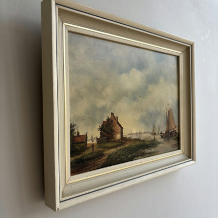 Rustic Harbor Scene Oil Painting "Sailing Boat" Vintage Dutch Artwork Holland Art Shop