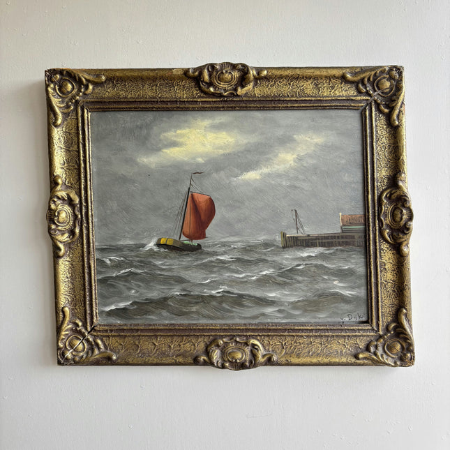 Refined Seascape Oil Painting "Red Sailboat" Vintage Small Art Holland Art Shop