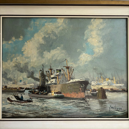 Vintage Harbor Scene Oil Painting "Cargo Ship" Handcrafted Art Holland Art Shop