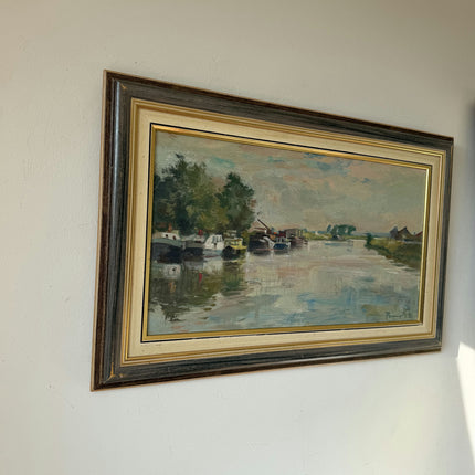 Remarkable Oil Painting Harbor Scene "River Boats" Striking Belgique Artwork Holland Art Shop