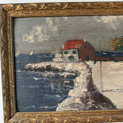 Vintage Harbor Scene Oil Painting "Red Roofed House" Handcrafted Artwork Holland Art Shop