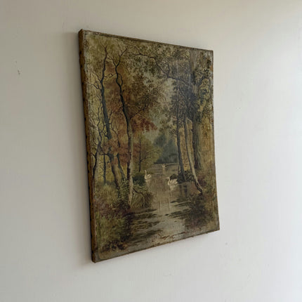 Antique Landscape Oil Painting "Swan Pair" Timeless Small Art Holland Art Shop