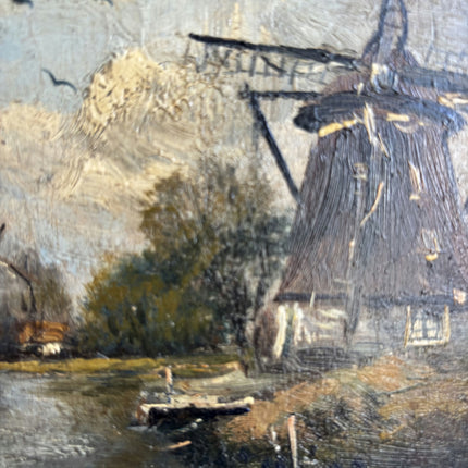 19th Century Antique Landscape Oil Painting "Sailboat Mast" Small Artwork Holland Art Shop