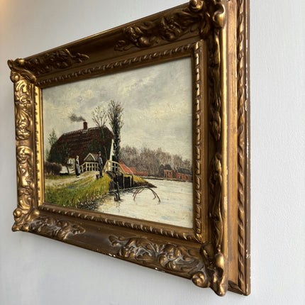 1913 Antique Landscape Oil Painting "Gilded Frame" Artwork Holland Art Shop