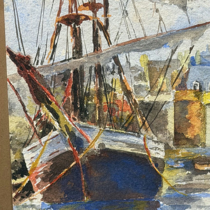 1945 Harbor Scene Aquarel "Church Spire" Small Art Holland Art Shop