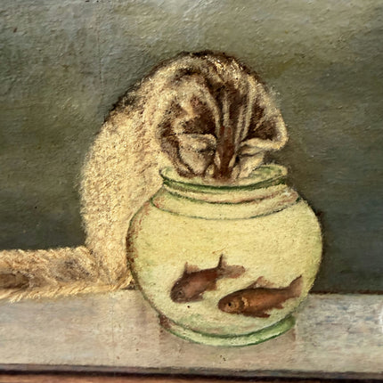 Authentic Animals Oil Painting "Cat Eating" Handcrafted Small Art Holland Art Shop