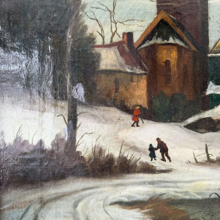 19th Century Antique Winter Landscape Oil Painting "Snowy Village" Large Artwork Holland Art Shop