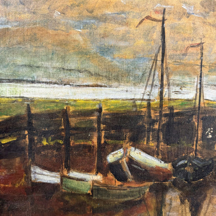 1864 Antique Harbor Scene Oil Painting "Moored Boats" Artwork Holland Art Shop