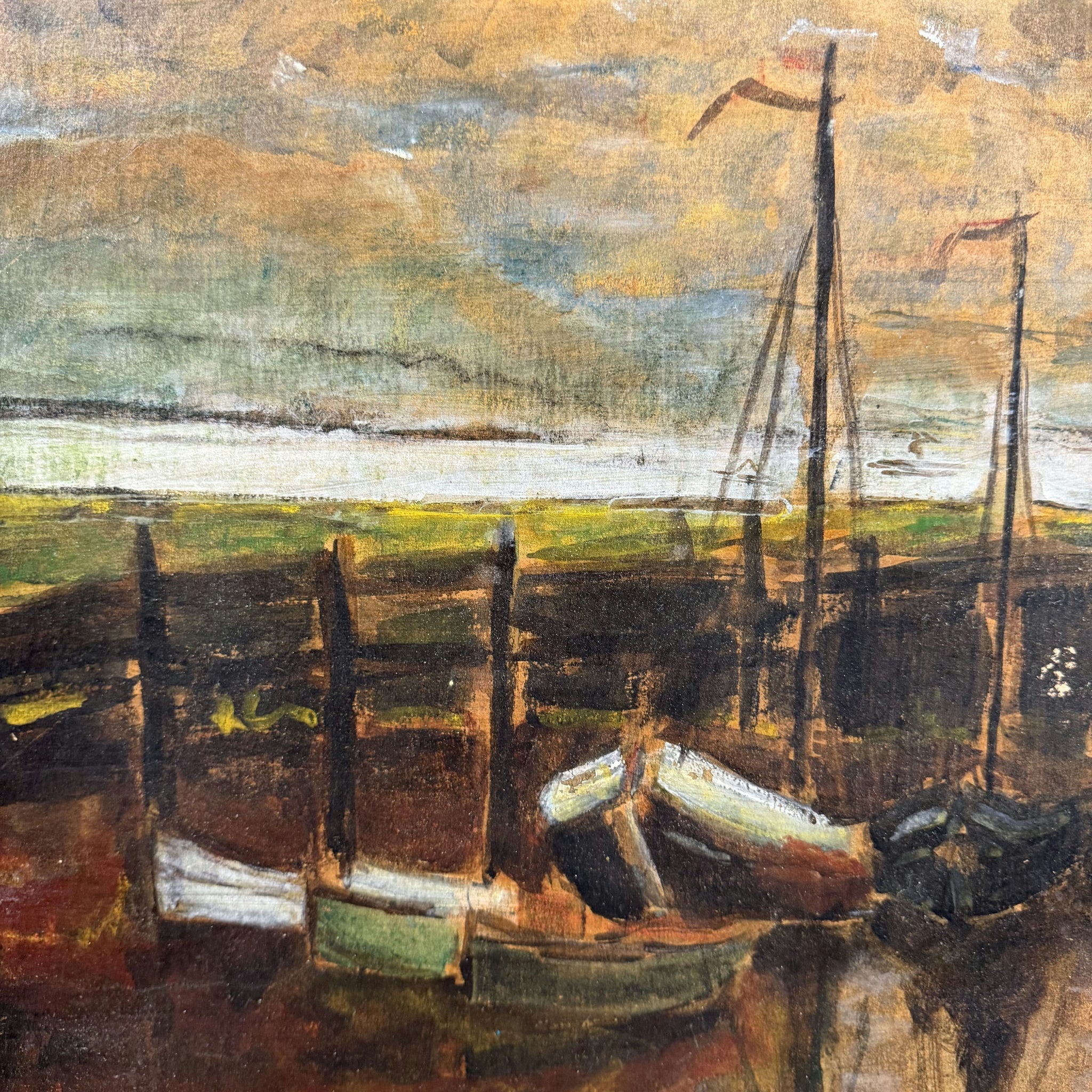 1864 Antique Harbor Scene Oil Painting 