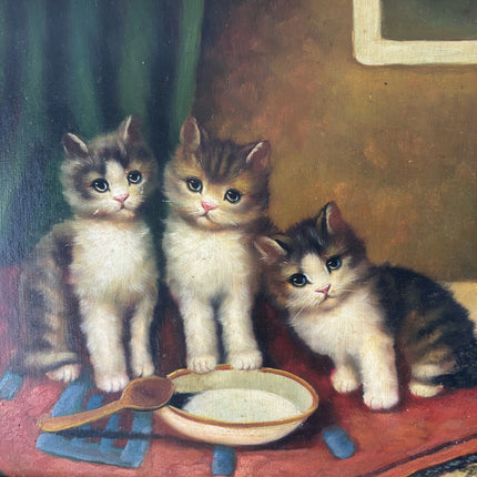 Antique Interior Oil Painting "Three Kittens" Handcrafted Small Art Holland Art Shop