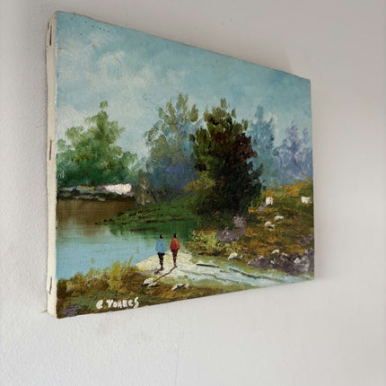 Handcrafted Landscape Oil Painting "Two Walkers" Expressive Small Artwork Holland Art Shop