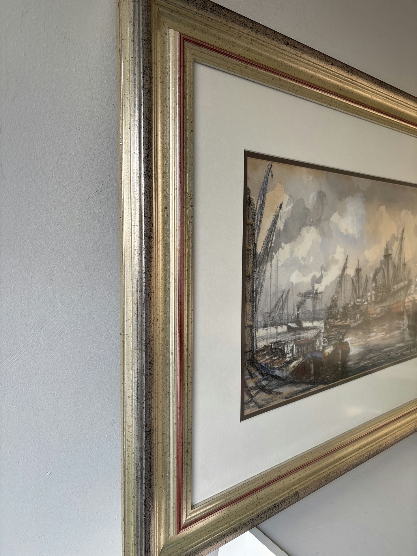 Antique Harbor Scene Mixed Media "Harbor Ships" Intriguing Netherlands  Art