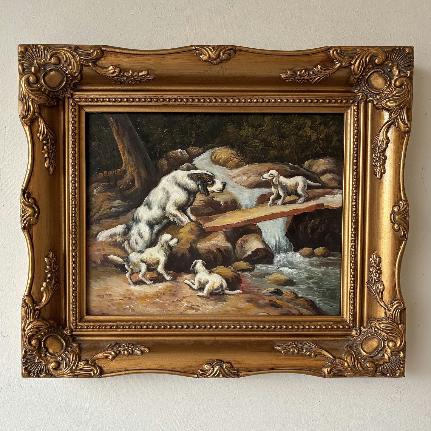 Antique Hand Made Dogs River Rocks Forest Bridge Oil Painting