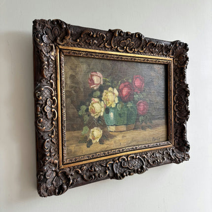 Antique Floral Still Life Oil Painting "Rose Vase" Handcrafted Small Artwork Holland Art Shop