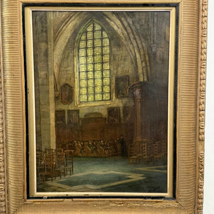 Traditional Church Interior Oil Painting "Stained Window" Vintage Large Art Holland Art Shop