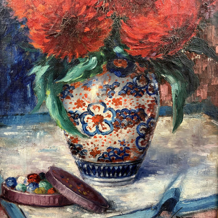 19th Century Antique Floral Still Life Oil Painting "Red Flowers" Art Holland Art Shop