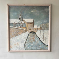 Vintage Winter Landscape Oil Painting "Snowy Bridge" Authentic French Artwork Holland Art Shop