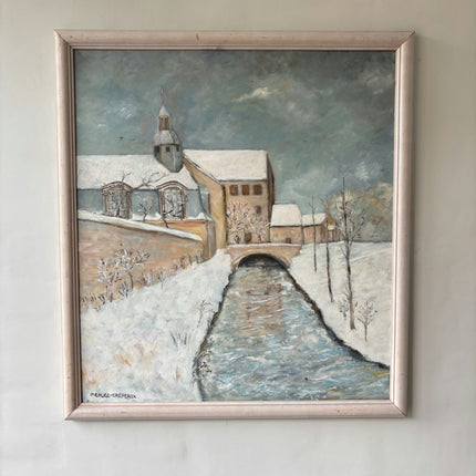 Vintage Winter Landscape Oil Painting "Snowy Bridge" Authentic French Artwork Holland Art Shop