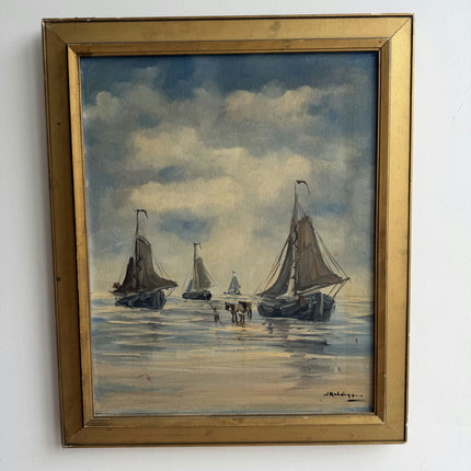 Authentic Seascape Oil Painting "Fishing Boats" Original Artwork Holland Art Shop