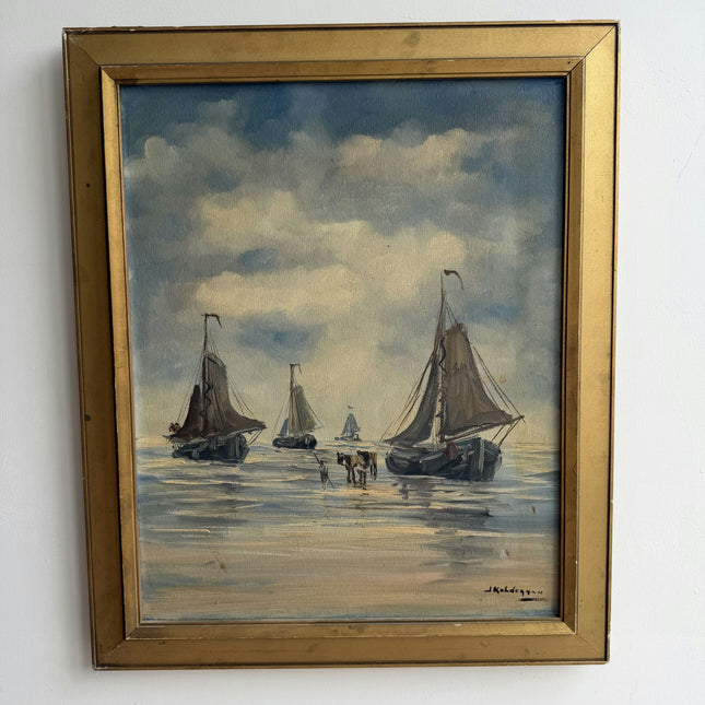 Authentic Seascape Oil Painting "Fishing Boats" Original Artwork Holland Art Shop