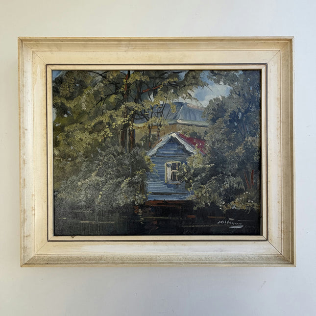 Refined Landscape Oil Painting "Blue Cabin" Vintage Art Holland Art Shop