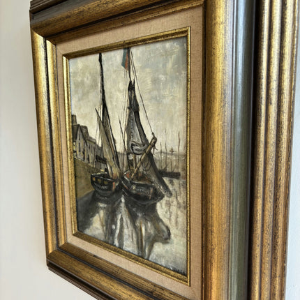 Authentic Seascape Oil Painting "Docked Boats" Rustic Artwork Holland Art Shop