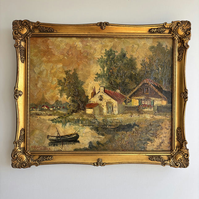 Refined Landscape Oil Painting "Rowboat Alone" Vintage Dutch  Artwork Holland Art Shop