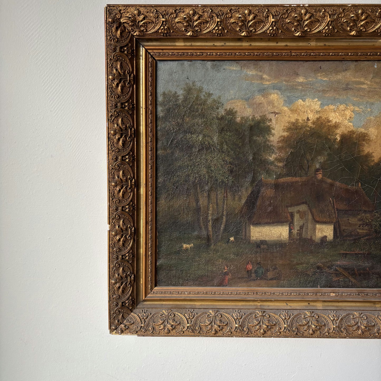 Antique Oil Painting Landscape "Farmhouse Scene" Original Medium Art
