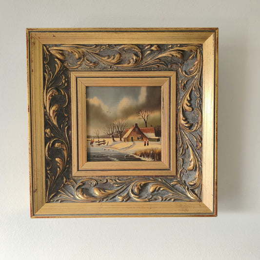 Medium Sized Oil Painting Of A Dutch Winter Cottage Trees Children Snow