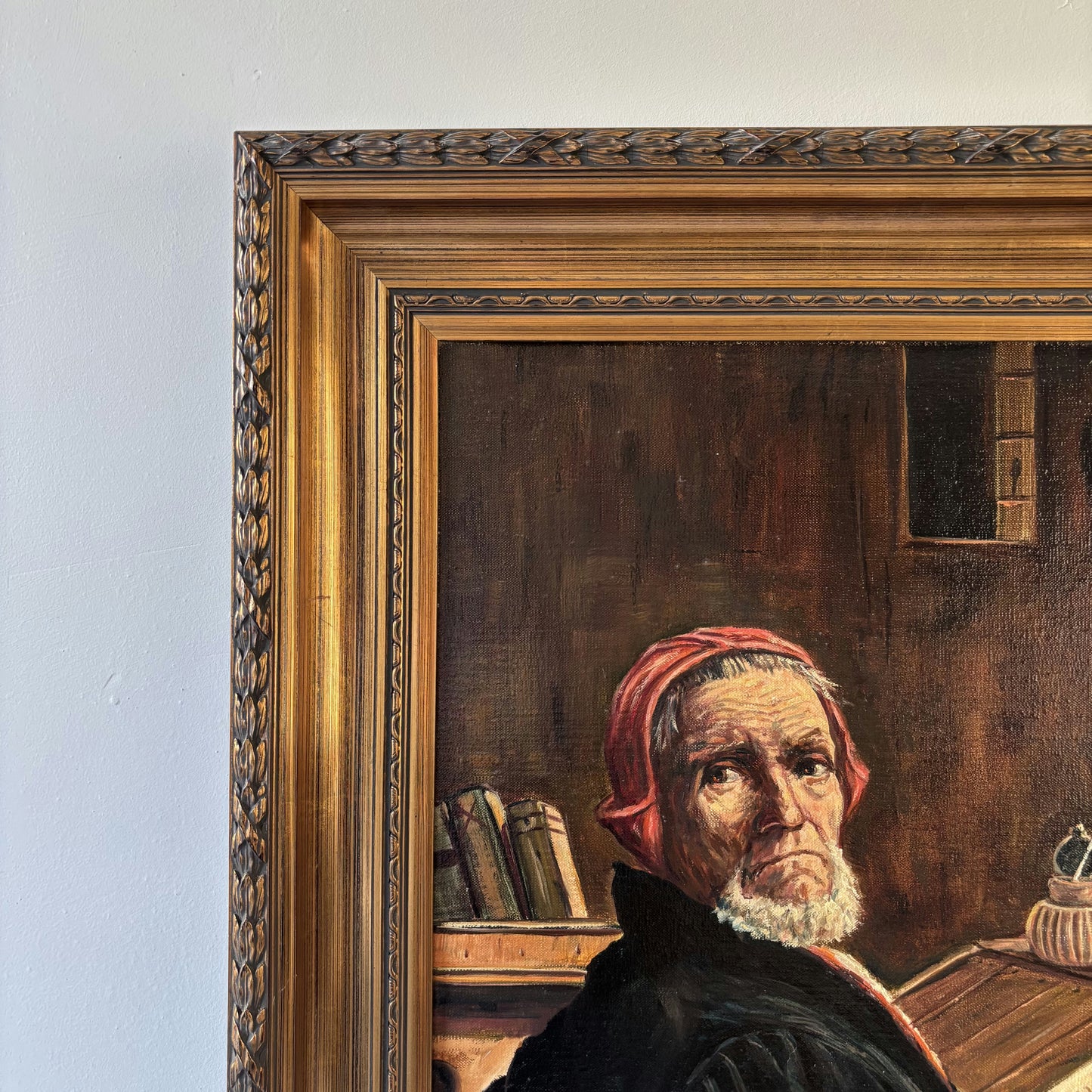 Thoughtful Elderly Scholar Oil Painting Library Books Antique sold without frame