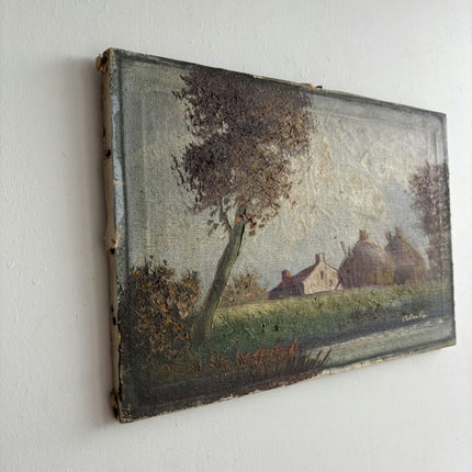 Classic Landscape Oil Painting "Thatched Huts" Vintage Small Art Holland Art Shop