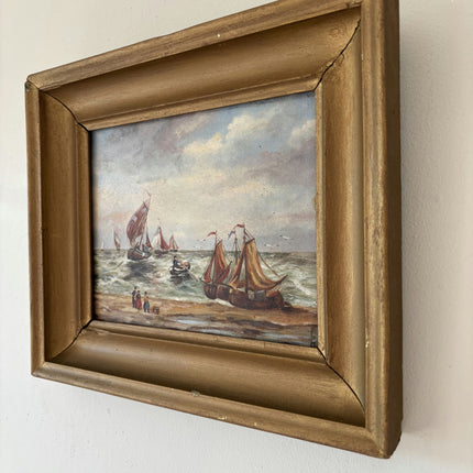 19th Century Antique Seascape Oil Painting "Fishing Boats" Small Art Holland Art Shop