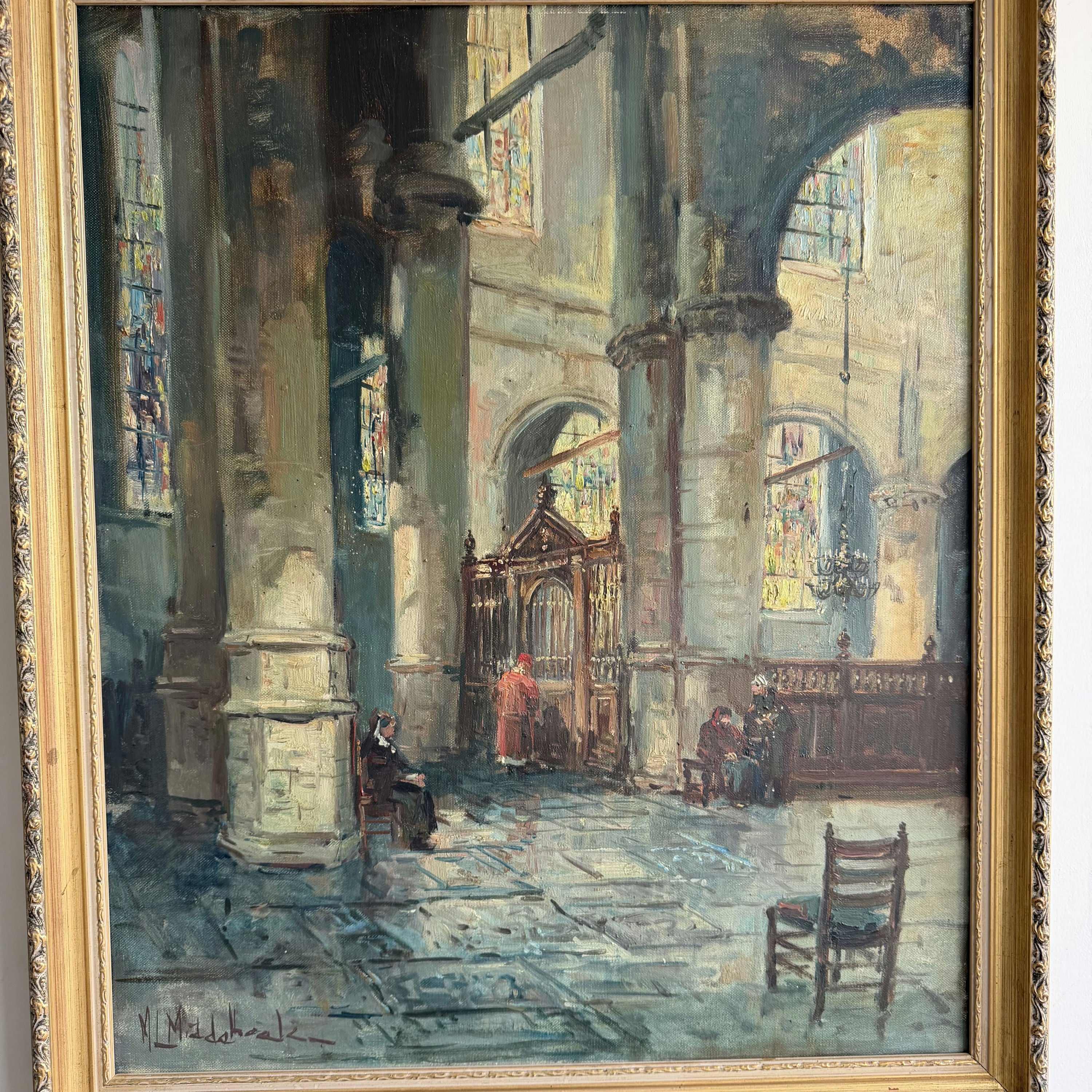 Vintage Church Interior Oil Painting 