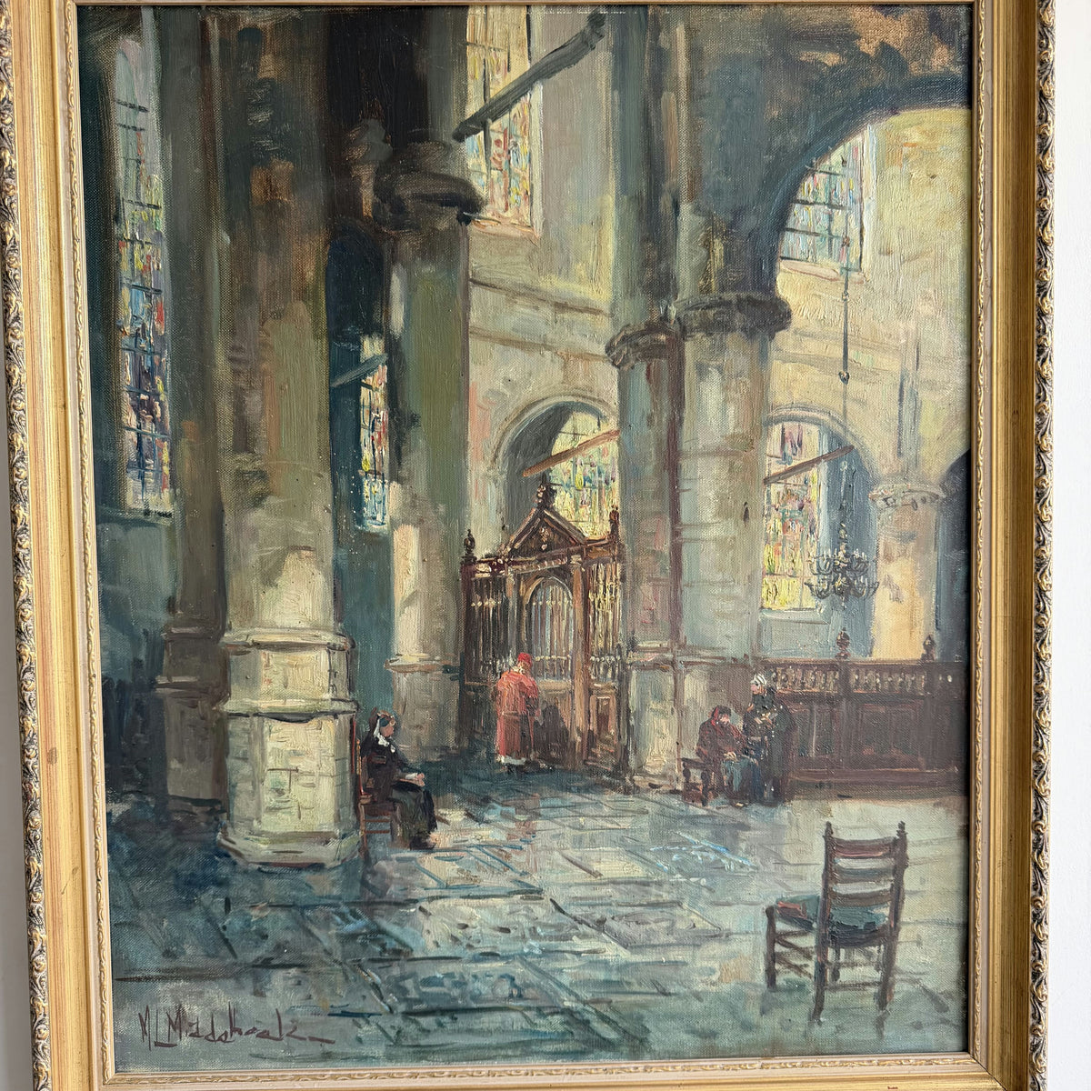 Vintage Church Interior Oil Painting 