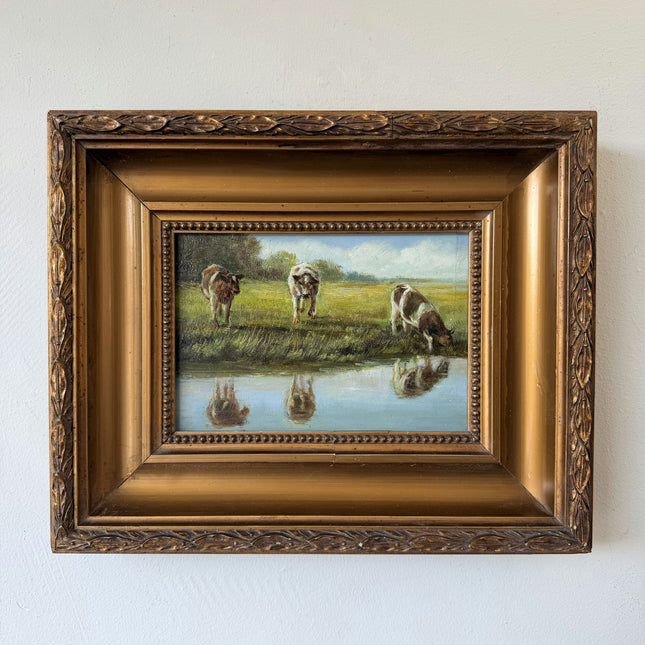 Remarkable Oil Painting Animals "Grazing Cows" Handcrafted Small Art Holland Art Shop