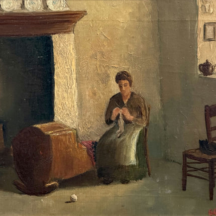 Elegant Interior Oil Painting "Knitting Woman" Detailed Art Holland Art Shop