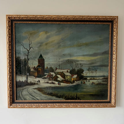 19th Century Antique Winter Landscape Oil Painting "Snowy Village" Large Artwork Holland Art Shop