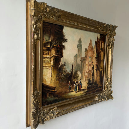 19th Century Antique Cityscape Oil Painting "Town Street" Large Art Holland Art Shop