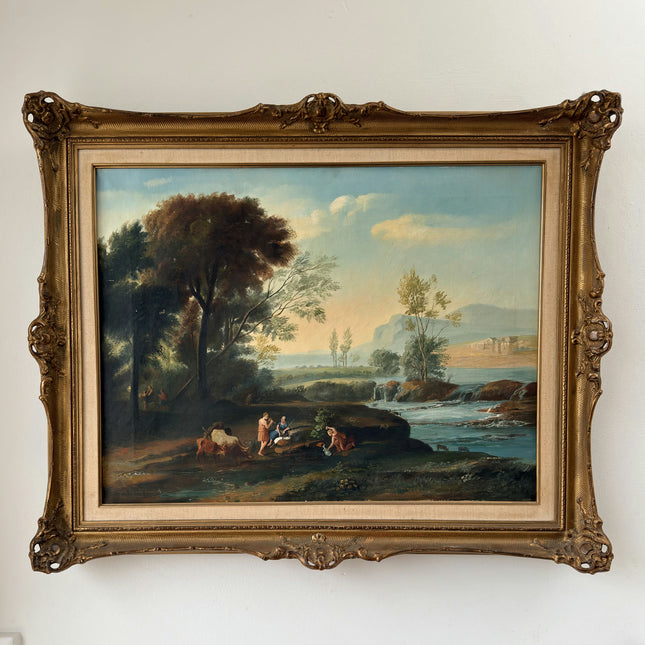 Remarkable Oil Painting Scenery "Riverbank Gathering" Vintage Large Artwork Holland Art Shop