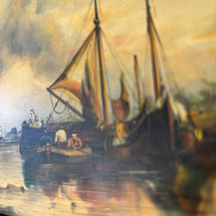 19th Century Antique Harbor Scene Oil Painting "Moored Boat" Small Artwork Holland Art Shop