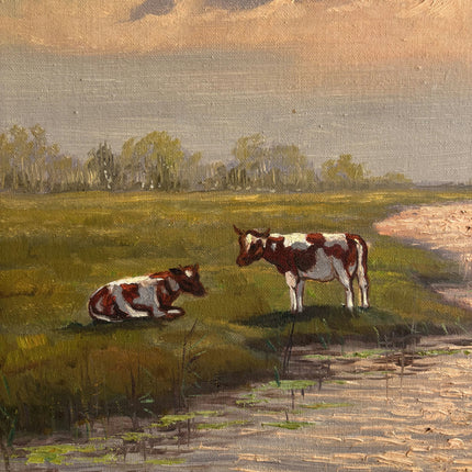 Elegant Landscape Oil Painting "Grazing Cow" Vintage Large Art Holland Art Shop