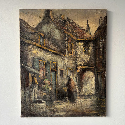 Vintage Moody European Stone Village Courtyard Street Oil Painting
