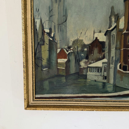 Handcrafted Oil Painting Cityscape "Snowy Street Corner" Remarkable Small Art Holland Art Shop