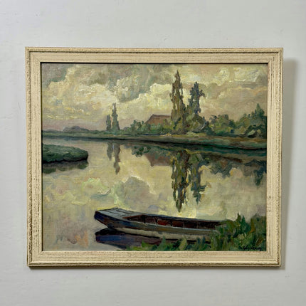 Expressive Landscape Oil Painting "Rowboat Reflection" Detailed Artwork Holland Art Shop
