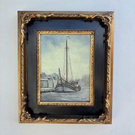 Timeless Harbor Scene Oil Painting "Moored Ship" Handcrafted Small Artwork Holland Art Shop