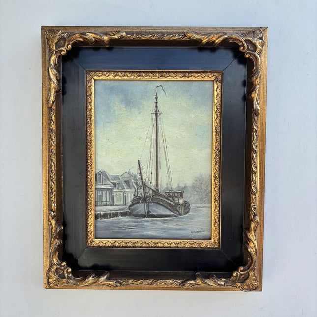 Timeless Harbor Scene Oil Painting "Moored Ship" Handcrafted Small Artwork Holland Art Shop