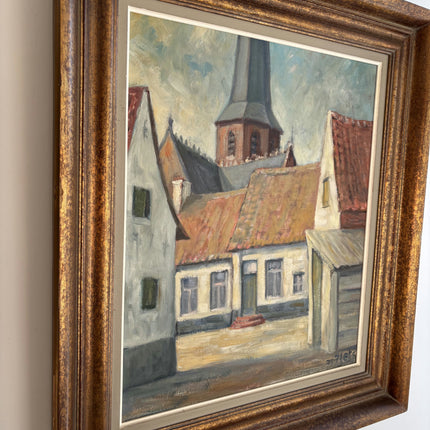 Original Cityscape Oil Painting "Village Church" Vintage Large Art Holland Art Shop