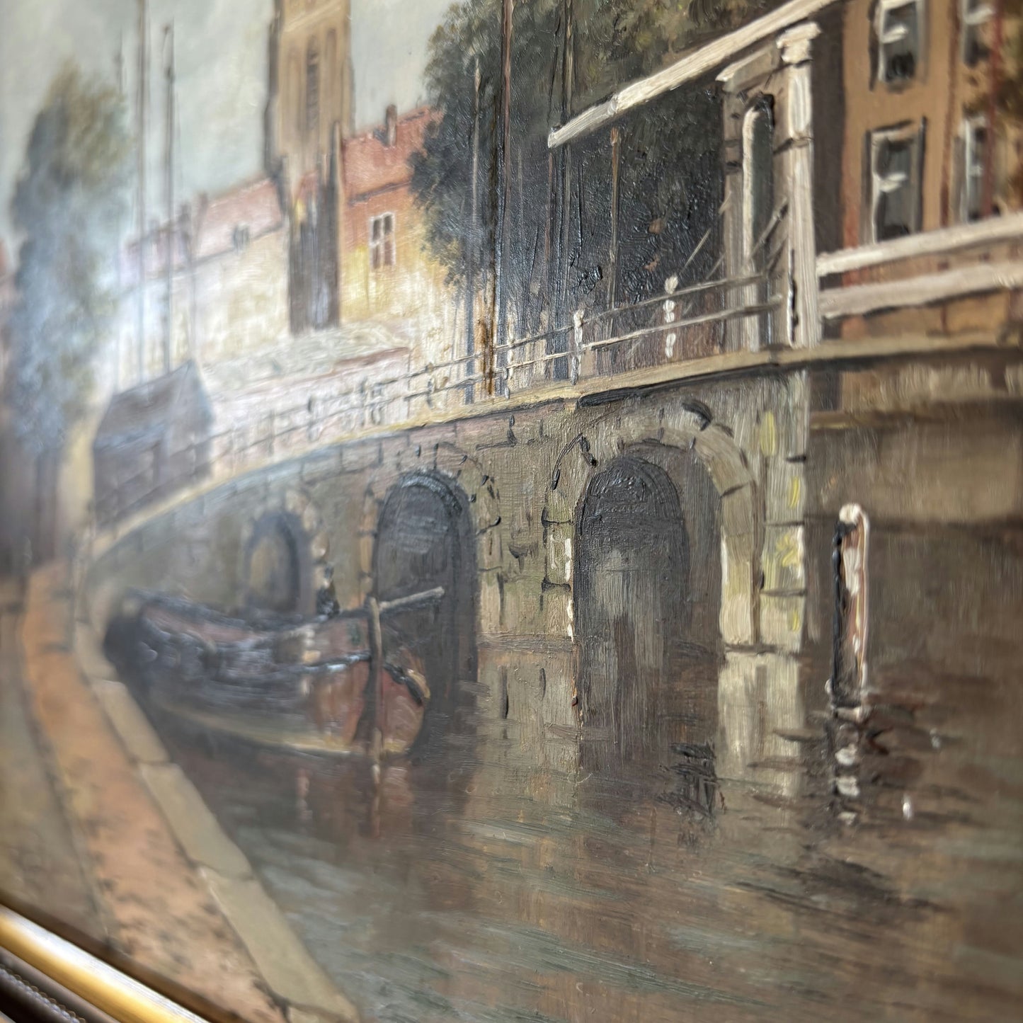 Expressive Oil Painting Cityscape "Stone Bridge" Vintage Medium Art