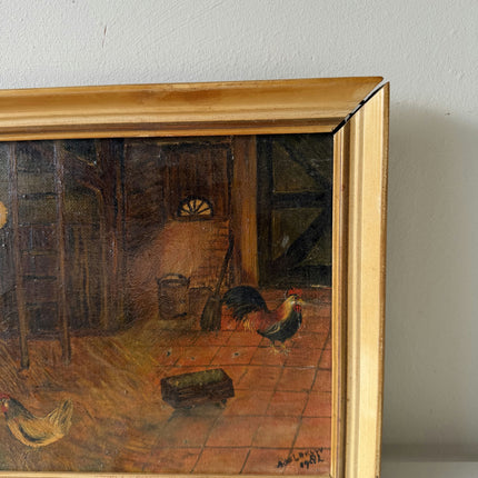 Vintage Oil Painting Animals "Chickens Roaming Free" Wonderful Small Artwork